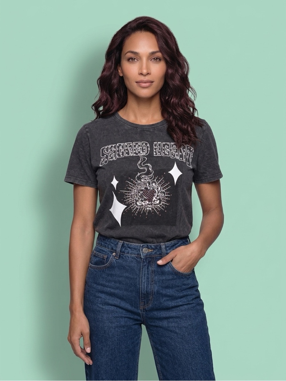 Delila Texas Original Washed Black Graphic Tee w/ Sacred Heart motif